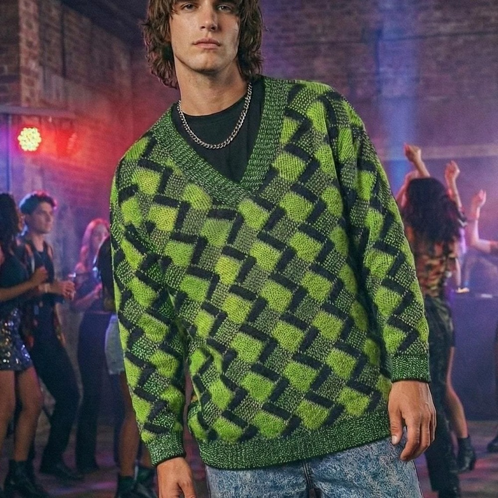 VTG 80s Madchester Sweater‎ Acid Green Slouchy Geometric Rave Club Kid New Wave